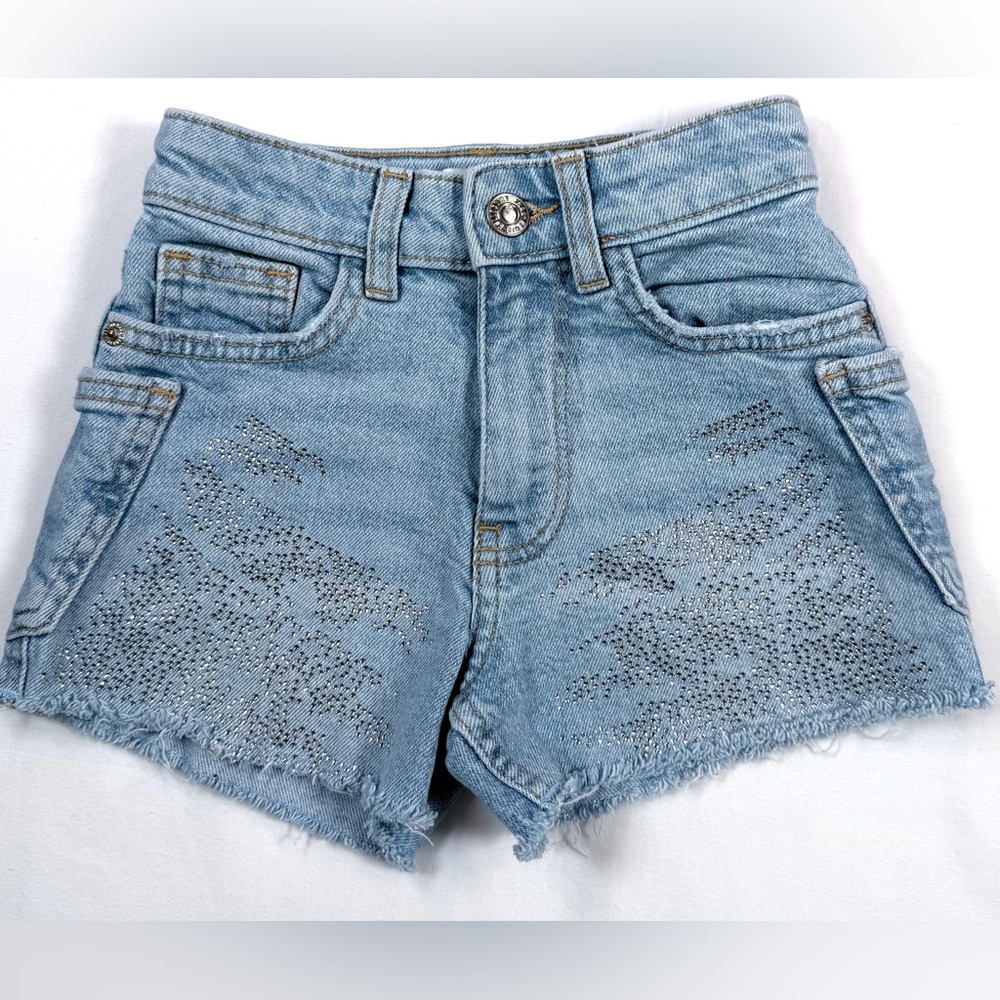 ZARA Kids Girls’ Bedazzled Rhinestone Light Wash Cutoff Jean Shorts Size 6